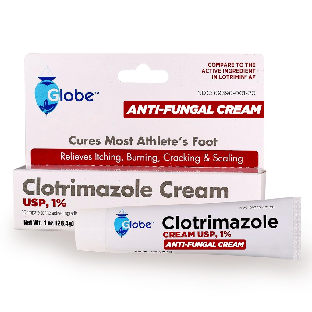 Globe Clotrimazole Crème Antifongique 1% USP (1 oz), Traitement Anti Fongique, Soulage les démangeaisons, brûlures, cracking et scalping Athlètes associés Pied, Jock Ditch, Ringworm et plus