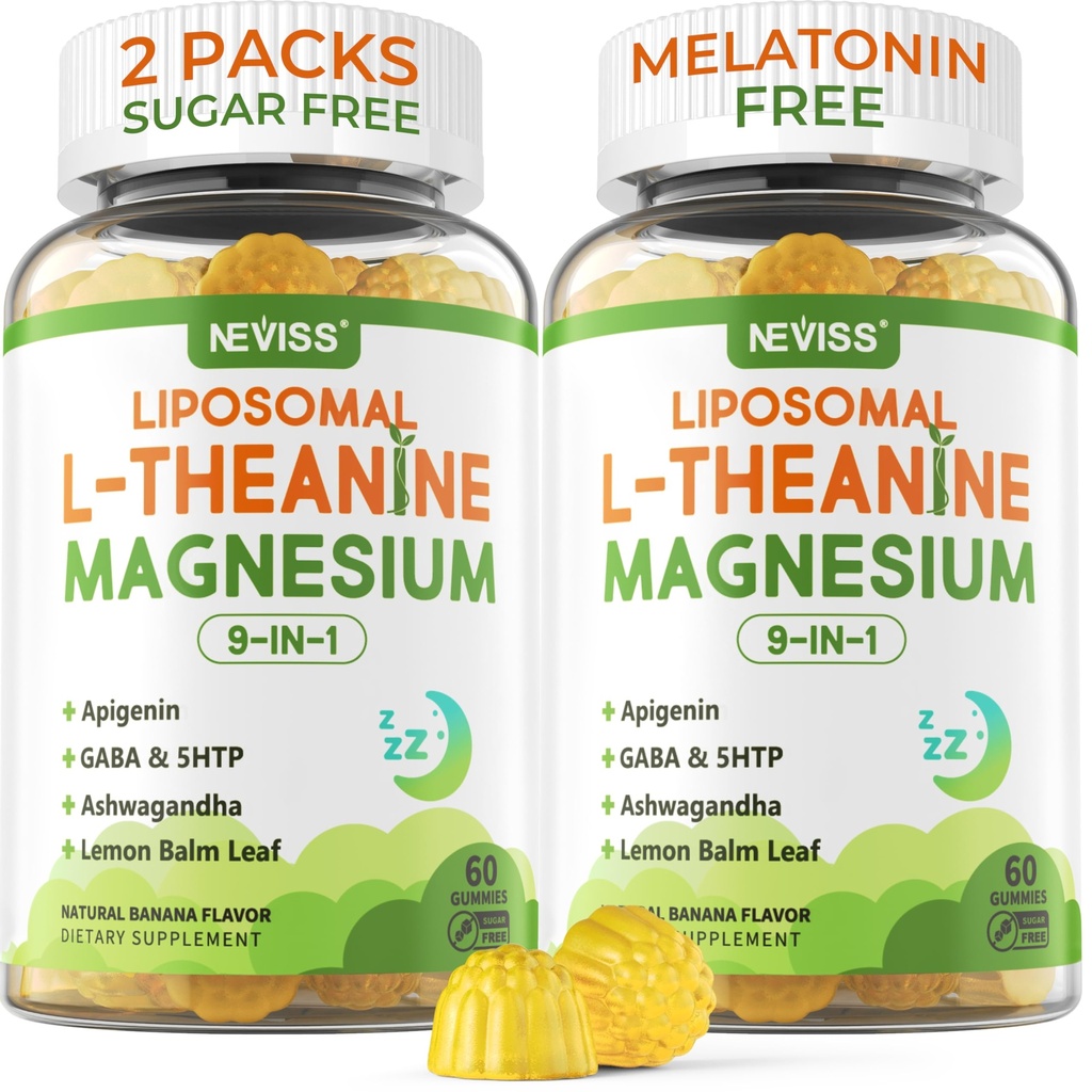 Liposomal L-teanina 200mg Magnesio Glycinate 400mg Gummies con GABA, 5HTP, Apigenin, Vitamina B6 & D3, Ashwagandha, Limone Balm Leaf, Melatonin sonno libero Masticabile per rilassare mood & muscolo, 2 confezioni