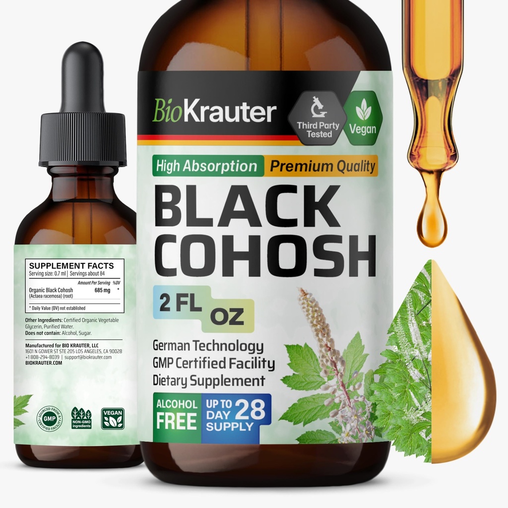 BIO KRAUTER Black Cohosh Root Tincture - Vegan Black Cohosh ergänzt Frauen Unterstützung - Alkohol und Zucker kostenlos - 2 Fl.Oz.