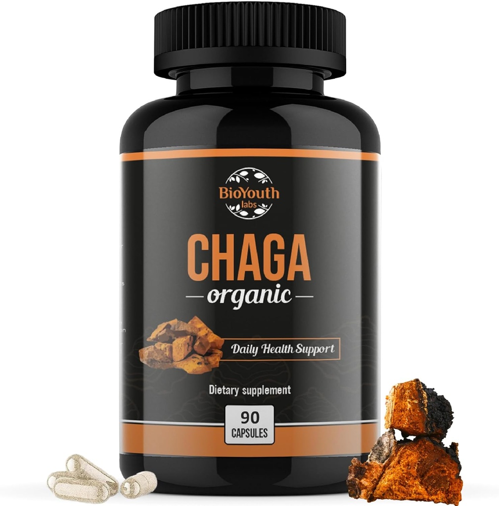 Chaga Capsules Organic Supplement | Supporta la salute e la vitalità immunitarie | Supporto giornaliero | Organic Chaga Mushroom Extract | 90 Capsule (1 Mese di Alimentazione)