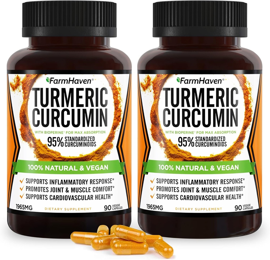 Kurkuma Curcumin mit BioPerine Black Pepper & 95% Curcuminoids, maximale Absorption für Gelenkunterstützung, Non-GMO Turmeric Capsules, Made in USA - 180 Veg Caps