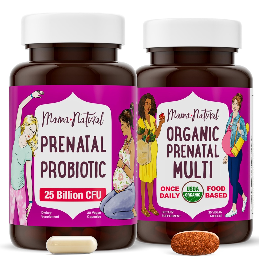 Mama Natural Prenatal Bundle – Vitamine prenatali organiche per le donne + Probiotici mirati per la gravidanza e il benessere post-partum - Solo 2 pillole al giorno - Vegan & Non-GMO (30 giorni di alimentazione)