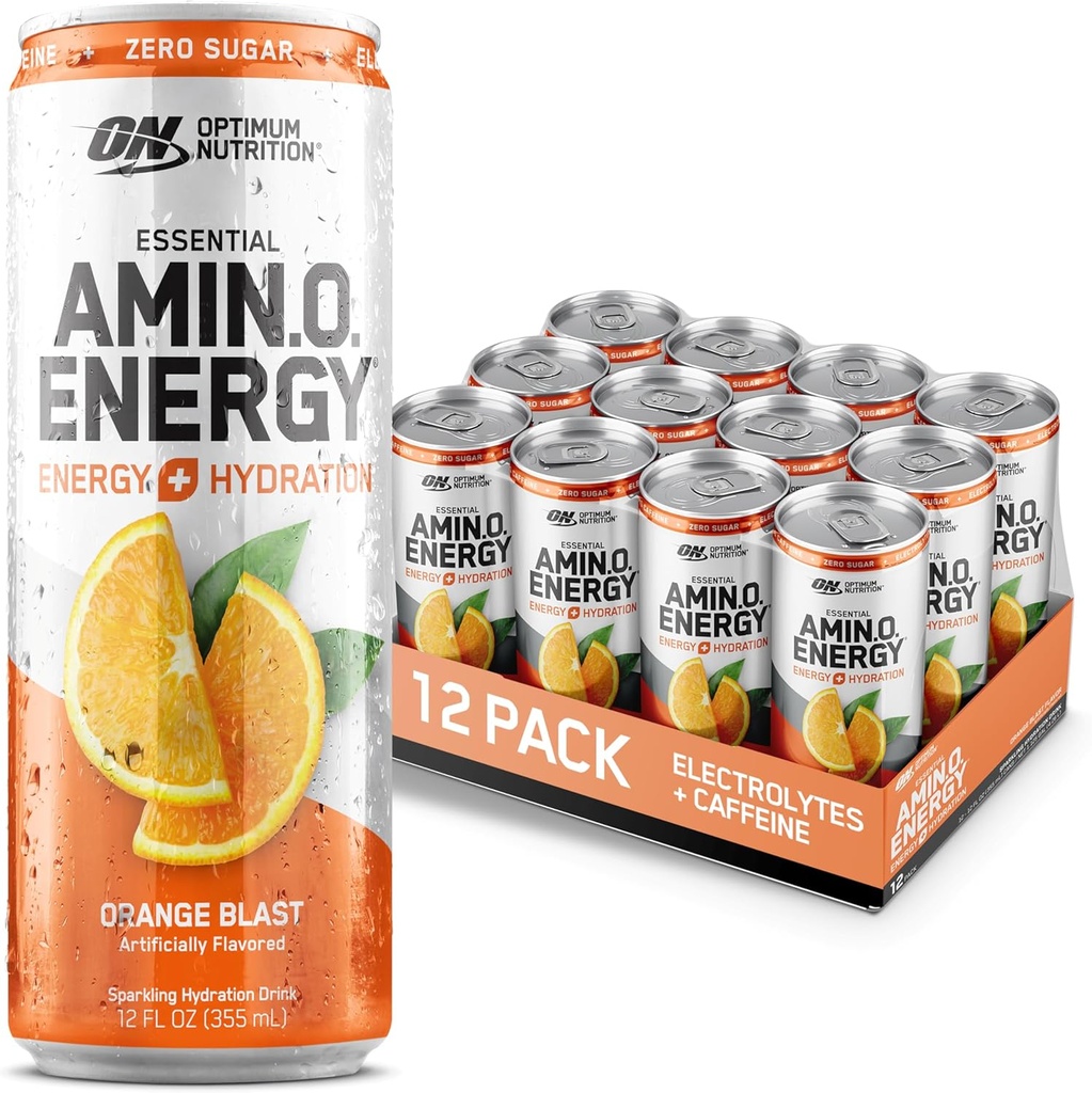 Optimum Nutrition Amino Energy Sparkling Hydration Drink, Elektrolyte, Koffein, Aminosäuren, BCAAs, Sugar Free, Orange Blast, 12 Fl Oz, 12 Pack (Packaging May Vary)