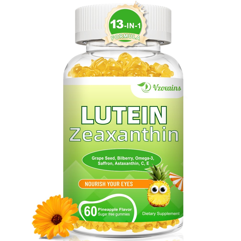 Lutein 20 mg mit Zeaxanthin Gummi, Lutein und Zeaxanthin Ergänzungen mit Augen Vitamine C, E, Bilberry für Augengesundheit - 60Cts