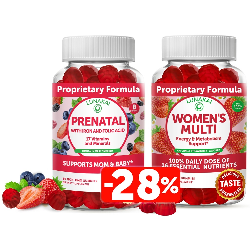 Lunakai Pränatales Vitamin und Frauen Multivitamin Gummi - Schwangerschaft Multivitamin Gummy mit Eisen & Folsäure - mit 100% Tageswert von 16 essentiellen Vitaminen und Mineralien - 30 Tage Versorgung