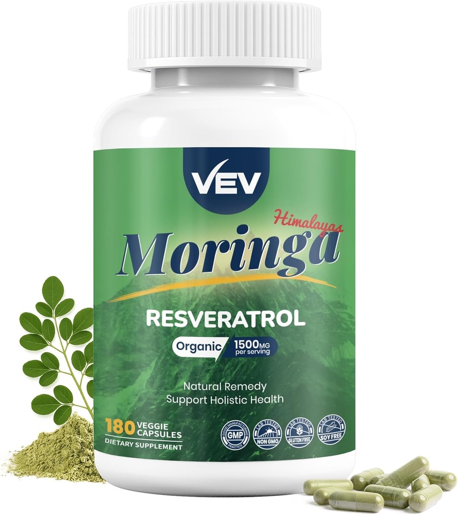 VEV Moringa Kapseln – mit Turmeric & Resveratrol|Plant-basierte Ergänzung für Immunfunktion SupportsSkin Wellness & Daily Energy|180 Vegan Kapseln