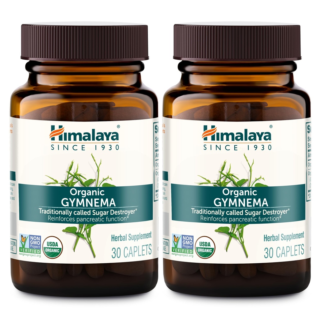 Himalaya Organic Gymnema Sylvestre – Herbal Glucose Metabolism Support - USDA Organic, Non OGM, Vegan, Gluten Free, Additive Free, 700 mg, 30 Caplets (Pack of 2)