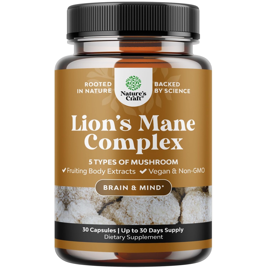 Advanced Lion's Mane Mushroom Supplement - Lions Mane Supplement Kapseln mit Reishi, Chaga, Maitake & Shiitake für Gehirn Health Memory Support & Focus - Nootropic for Mental Clarity - 30 Caps