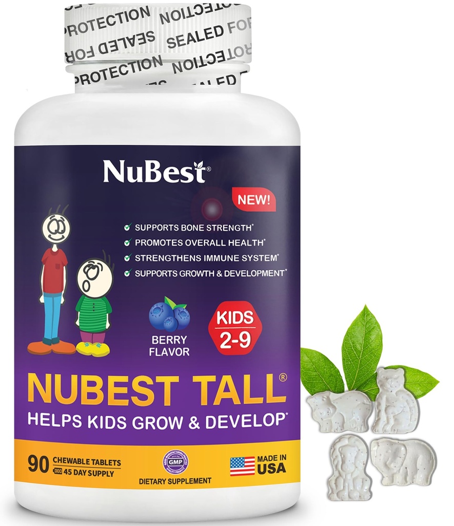 NuBest Tall Kids - Toddlers Vitamins and Kids Vitamins for Age 2 to 9 - Support Bone Strength, Global Health and Immunity - Animal Shapes - 90 Chewable Berry Tablets | 6 Weeks Supply