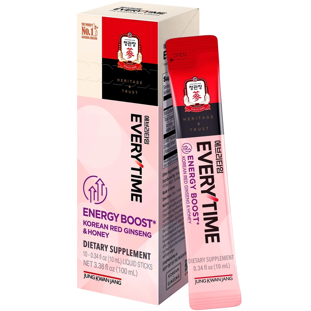JUNG KWAN JANG Everytime Energy Boost Korean Red Ginseng Extract 1.000mg & Honey - Vegan Ginseng Energy Drink Liquid Stick Supplements - Costruisce Stamina & Immunity No Caffeine (10 Stick, 0.34 fl oz)