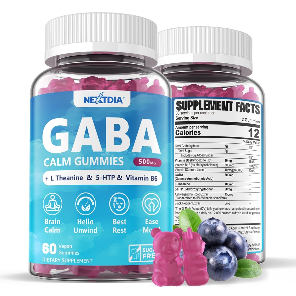 GABA Gummies 500 mg - Gummie calma senza zucchero con L Theanine, 5-HTP, Vitamine D3, B12, Ashwagandha, Melatonin-Free per il cervello Calma, Mood, Zzz Better, GABA Supplemento per adulti, Blueberry Flavor, 1Pack