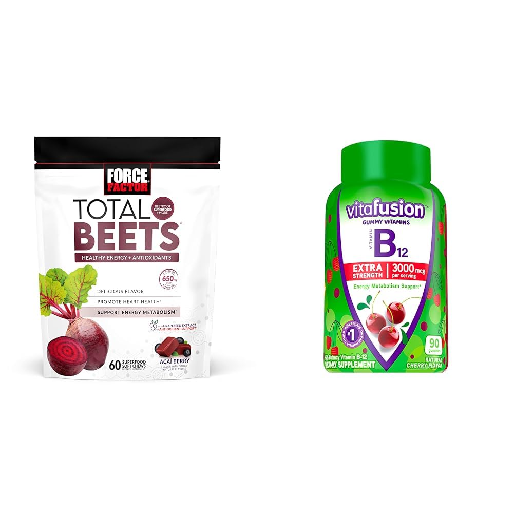 Kraftfaktor Total Beets Chews mit Beetroot & Grapeseed Extract Plus Vitafusion B12 Gummis, 90 Count Cherry Flavor