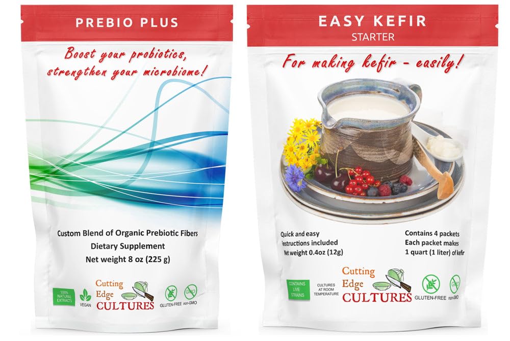 Taglio Bordo Culture Prebio Plus + Kefir Starter Cultura Polvere di fibra prebiotica Migliore miscela personalizzata di fibre prebiotiche Integratore alimentare (1 Prebio Plus + 1 Kefir 20g)