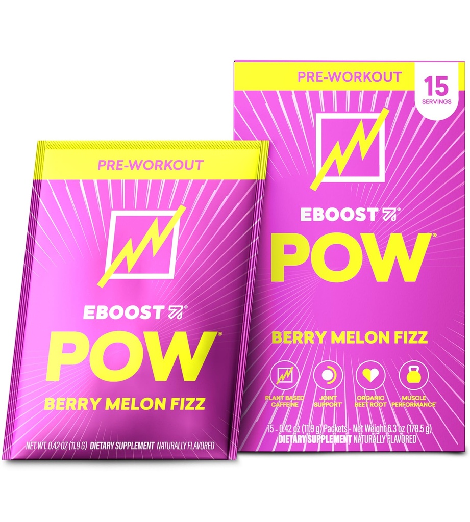 EBOOST POW Natural Pre Workout Powder - 15 Pakete, Berry Melon Fizz - Preworkout Energy Booster Gym Supplement Getränke Mix für Männer und Frauen - Performance, Joint Mobility Support - Gluten-Free
