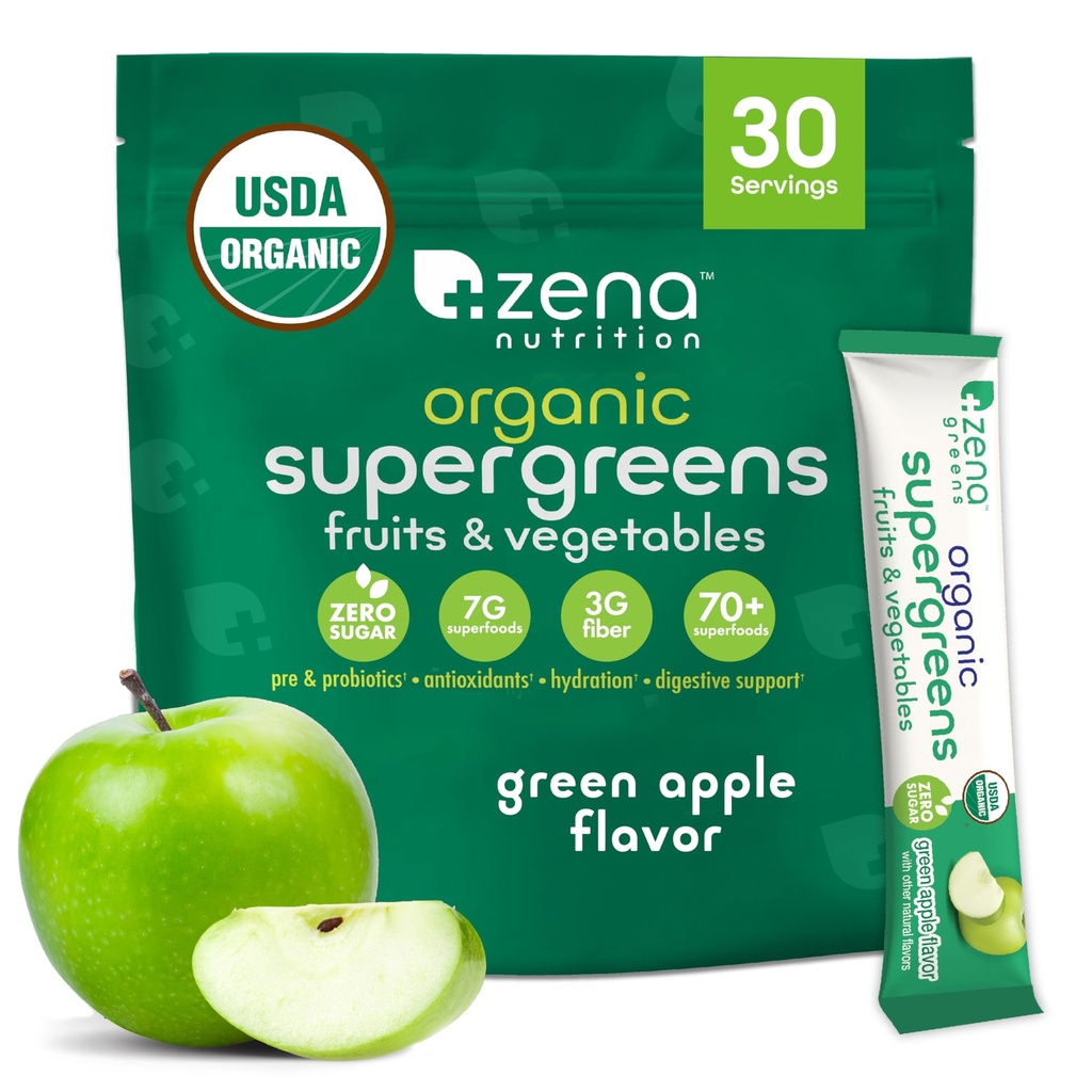 Zena Nutrition Super Greens Organic Polvere, 70+ Superfoods, 0 Zucchero, Fibra 3G, Spirulina, Clorella, Antiossidanti, Prebiotici/Probiotici, Enzimi Digestivi, Mela Verde, 30 Bevande