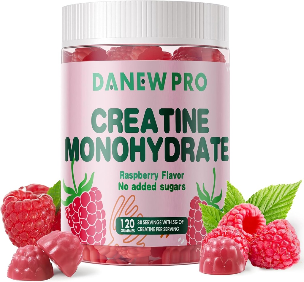 Gommies monohydratées de créatine pour les hommes et les femmes-5g de créatine monohydraté par portion - sans sucre, végétalien, framboise, 120 comte