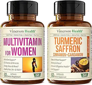 Multivitaminico femminile + zafferano turco Cinnamon & Cardamom Bundle. Formula di Vitamine e Minerali delle donne per il supporto immunitario e misto, risposta infiammatoria.