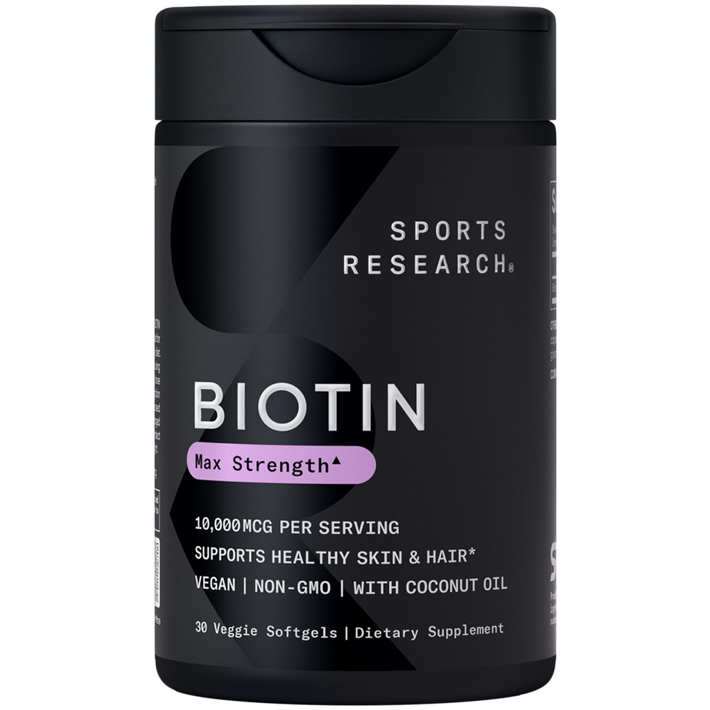 Sport Research® Biotin 10.000mcg mit Bio Kokosöl - Biotin (Vitamin B7) für gesunde Haut- und Haarunterstützung* - für Damen und Herren - Vegan, Non-GMO, Gluten & Soy-Free - 30 Veggie Softgels