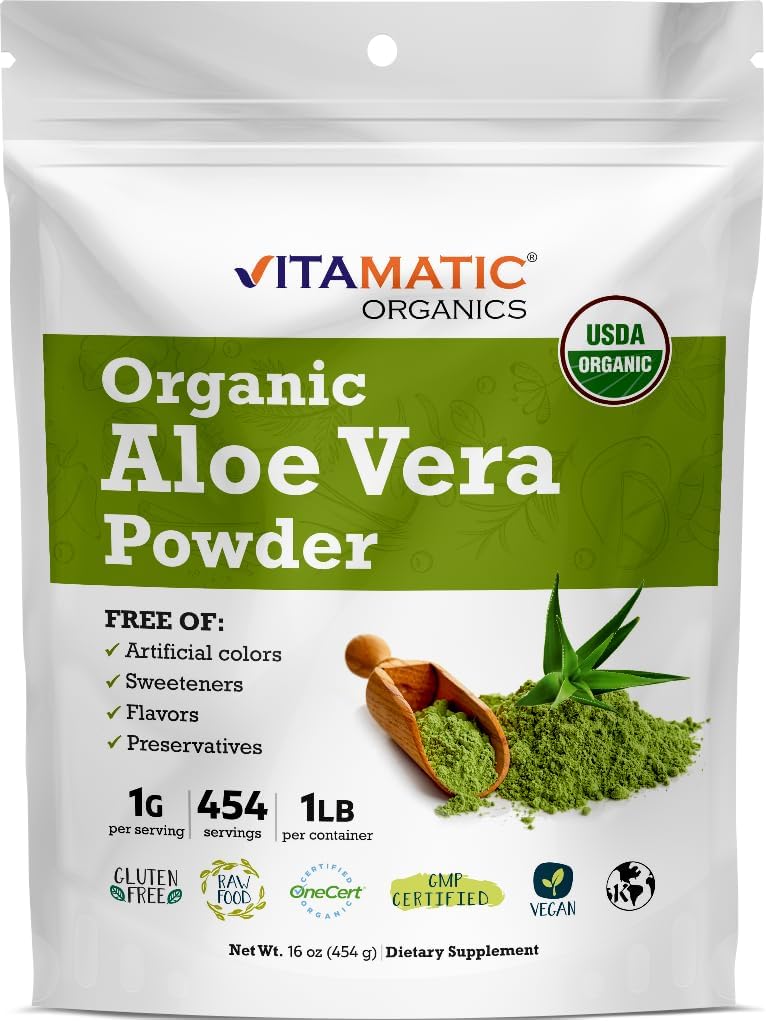 Certifié Vitamatic Aloe Vera biologique en poudre – 1 lb (16 oz) soutient la peau, la digestion, la désintoxication et la santé immunitaire.