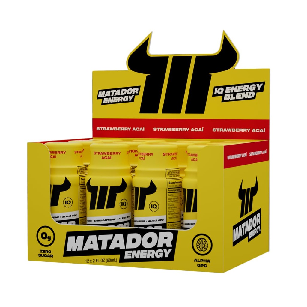 MATADOR Energy Shots Extra Strength Mini Energy Drinks w/B Complex Vitamins (Vitamin B12-B9-B6-B3), Alpha GPC Nootropic IQ Energy, Kaffeebohnen Extrakt Koffein Shots, 24 Energy Drink Erdbeer Acai
