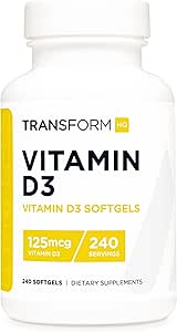 TransformHQ Vitamin D3 5000 IU (125mcg) 240 Softgele - Vitamin D Supplement, Glutenfrei, Nicht-GVO