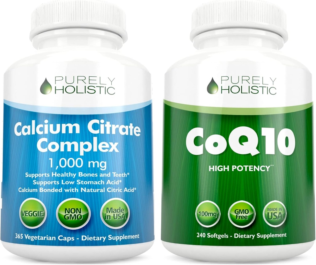Calcium Citrate Complex 1000mg + CoQ10 100mg - 365 Vegan Capsule + 240 Softgels Bundle - Senza Vitamina D - Made in Italy