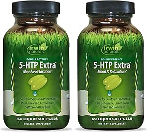 Irwin Naturals Double Potency 5-HTP Extra - 60 Liquid Soft-Gels, Confezione da 2 - per Rilassamento & Serotonina Produzione - 60 Total Servings