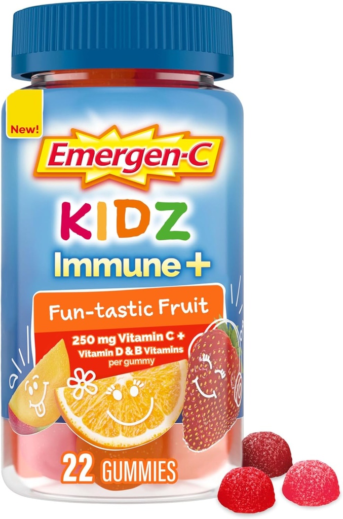 Emergen-C Kidz Immune+ Supporto immunitario Integratori alimentari, Gummie aromatizzate con vitamina C, Vitamine B e Vitamina D per il supporto immunitario, Gummie aromatizzate alla frutta divertente - 22 Conte