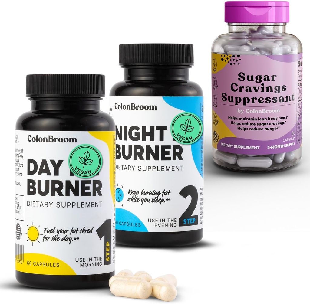 ColonBroom Day & Night Burner Suppléments, pilules de gestion du poids (60 portions) + suppresseur de rage de sucre - Picolinate de chrome 200mcg (60 portions), 3 articles
