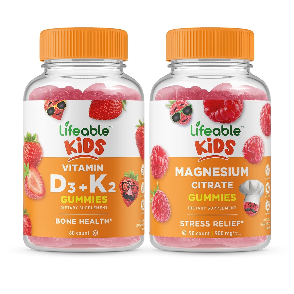 Lebensfähiges Vitamin D3 + Vitamin K2 Kinder + Magnesium Kinder, Gummi Bundle - Große Verkostung, Vitaminergänzung, Glutenfrei, GVOfrei, Kaugummi