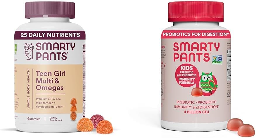 SmartyPants Gommies multivitamines pour adolescentes: Omega 3 Huile de poisson (EPA/DHA), Vitamine D3, C, Vitamine B12 et enfants Gommies probiotiques: Prébiotiques et probiotiques pour la santé digestive