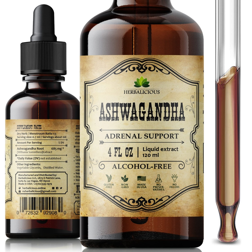 Ashwagandha Ergänzungen – Organic Withania Somnifera Root Extract Liquid Drops – Natural Stress Relief, Mood Booster, Sleep Aid & Calming Support – Non-GMO, Vegan Formula – 4 fl oz