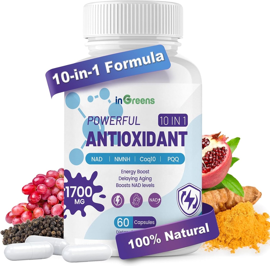 10-in-1 Antioxidantien-Ergänzung, 1700MG Super Antioxidant für Frauen und Männer, Leistungsstarke Antioxidantien mit NAD, NMNH, Coq10, Resveratrol, Zellreparatur & Reducing Free Radical Damage, 60 Kapseln