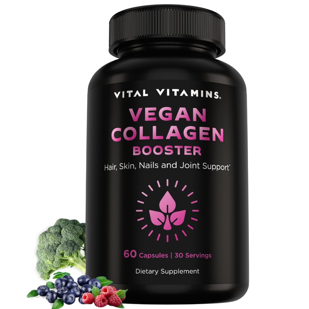 Vital Vitamine Vegan Collagen Booster - mit Kieselsäure und Hyaluronsäure - Pflanzenbasierte Kollagenergänzungen - Unterstützt Haar, Haut, Nägel & Gelenke - 60 Kapseln