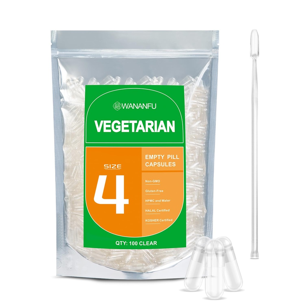 wananfu Größe 4 Leere Kapseln Vegetarisch (100 Zähler) Bundle mit 2 Micro Lab Spoons, Klare füllbare Veggie Pillen Kapseln Größe 4 für Ihre eigenen Ergänzungen