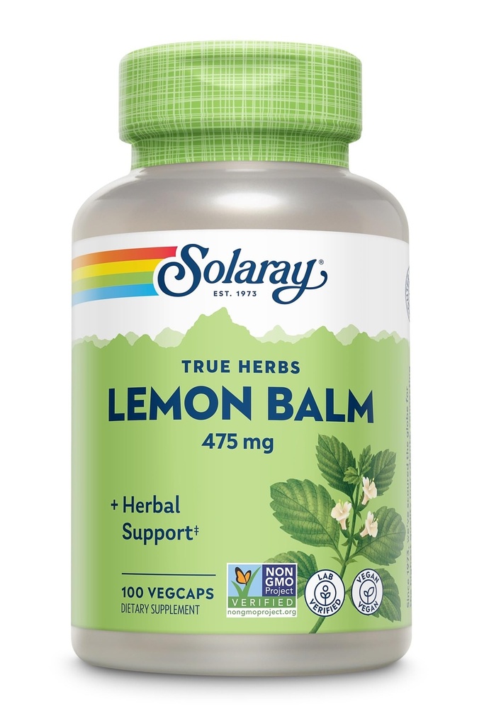 SOLARAY Baume de citron Aérial 475 mg - Calme mental sain, relaxation et soutien au repos - Aérial entier pour profil nutritif complet - Non-OGM, végétalien - 100 portions, 100 VegCaps