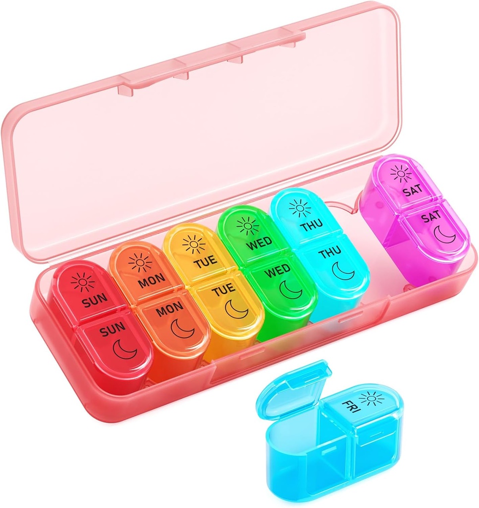 Betife Weekly Pill Organizer 2 fois par jour, 7 jours Pill Box AM, Portable Travel Pill Case, Daily Pill Container Day and Night, Organisateur de médicaments, de vitamines ou de suppléments (Pink)