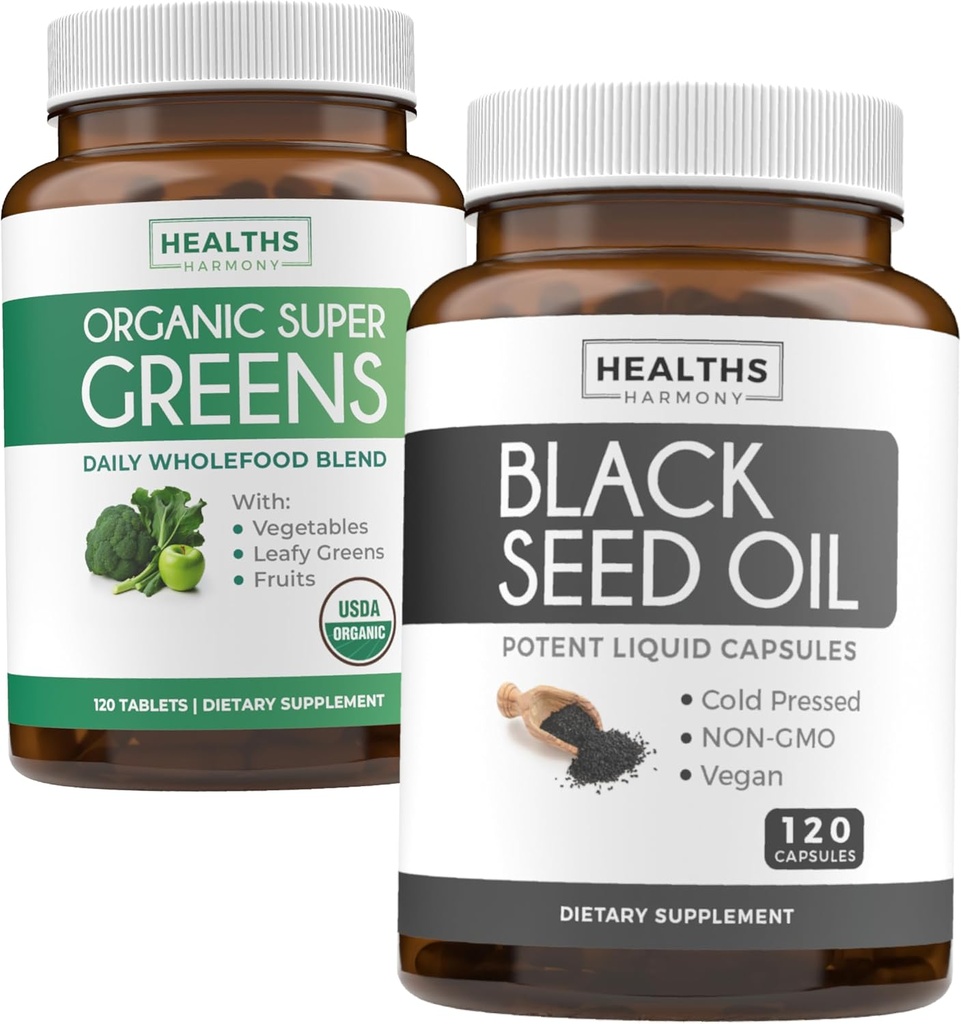 Super Greens & Black Seed (2-Month Supply) Greens Oil Synergy Bundle of Organic Super Greens Powder - Superfood completo (120 capsule) & Black Seed Oil - Nigeilla Sativa a freddo (120 caps)