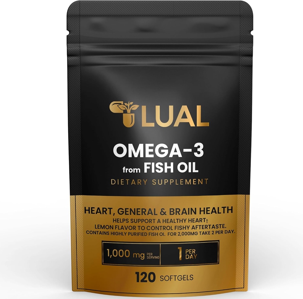 LUAL Omega-3 Fish Oil Softgels – 1000mg con EPA e DHA, Limone Flavor, Burpless, Formula non OGM per cuore, cervello e benessere generale – 120 Conte