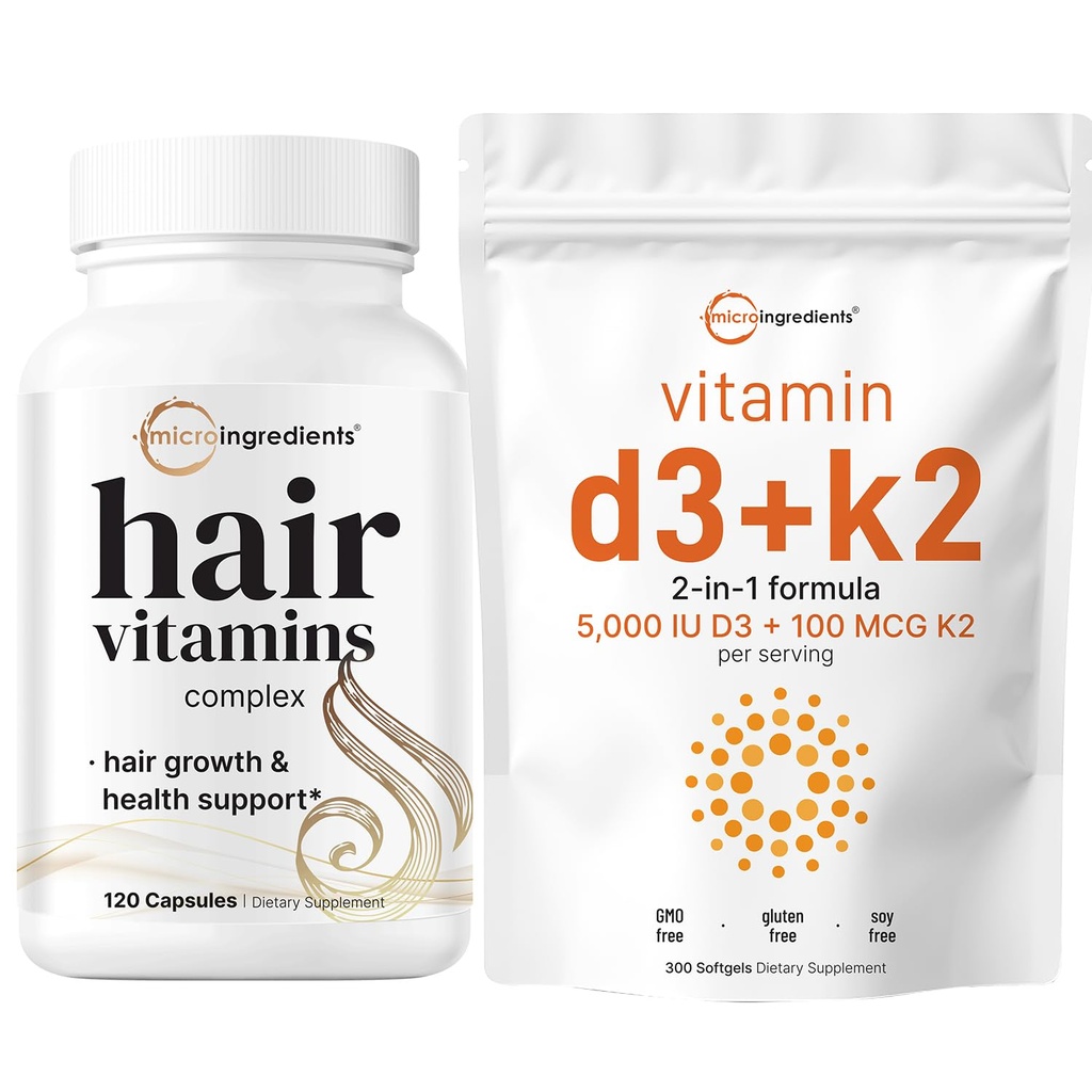 Micro Ingredients Vitamin D3 5.000iu + K2 100mcg Softgels & Hair Vitamins Complex Kapseln Bundle 2 Pack | Essential Sunshine Vitamine | 14-in-1 Advanced Hair Growth Support