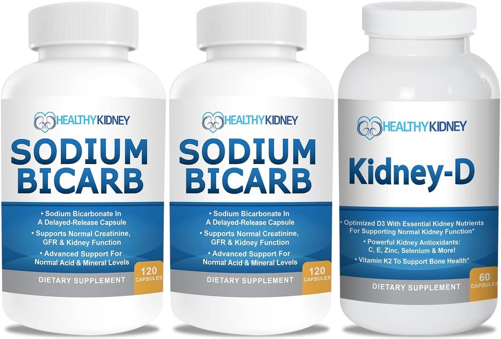 Natriumbicarbonat 650mg Kapseln für Säureentzug, Alkalinität 120 Pillen 2-Pack + Kidney-D Kidney Supplement. Vitamin D Optimiert für Nierenunterstützung.