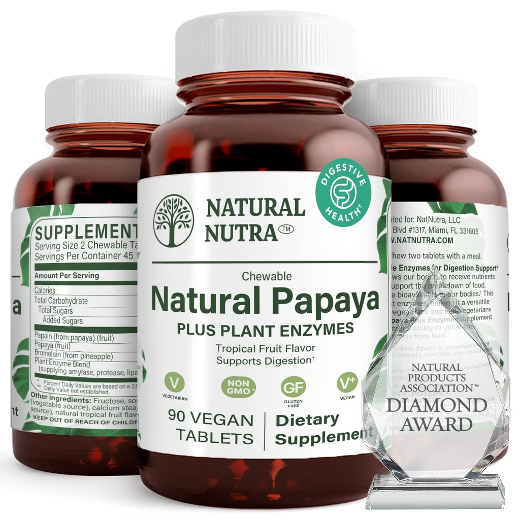 Natural Nutra Papaya Chewable Enzymes for Digestion and Body Cleanse - Supporta la salute digestiva, Ease Gastrointestinal Discomfort - Nutriente assorbimento e riduce Bloating - 90 Vegan Tablets