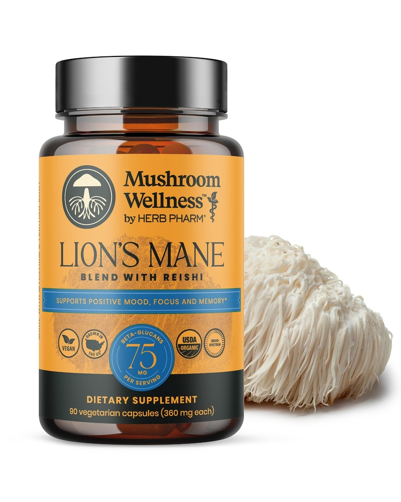 Mushroom Wellness Lion’s Mane Blend with Reishi: Organic Lion's Mane & Reishi Mushroom Capsules, Mushroom Powder Supplement, Supports Cognitive Health, Memory e Mental Focus, 90 Vegan Capsules