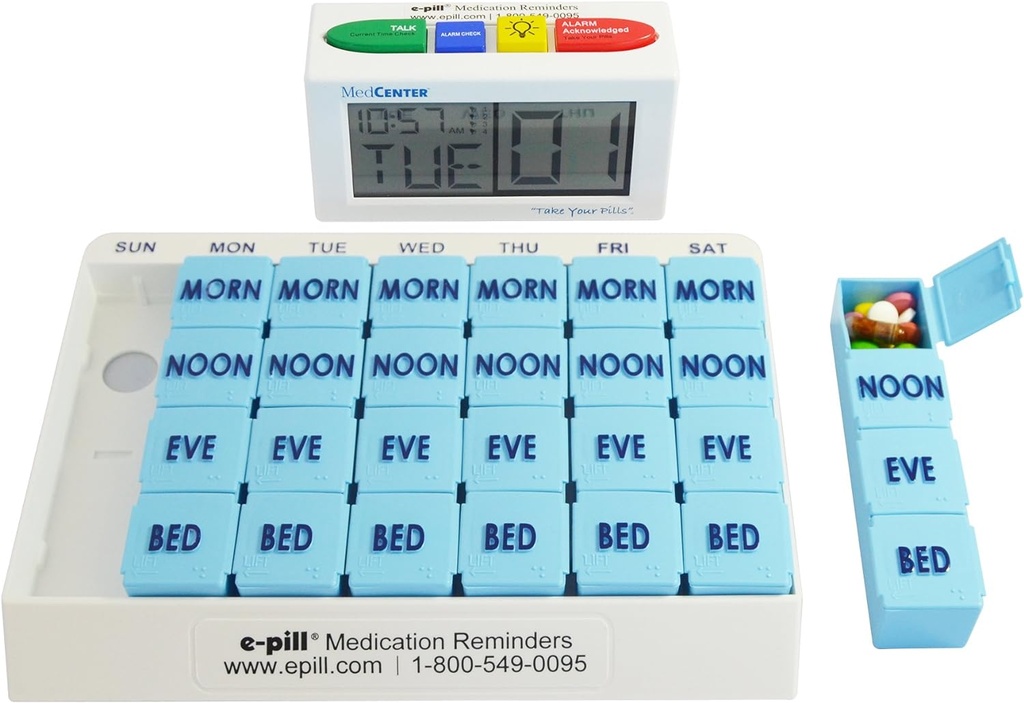 e-Pill 4 Times a Day x 7 Day Large Weekly Pill Organizer, Vitamin, and Medicine Pillbox - with 4 Alarm Talking Reminder