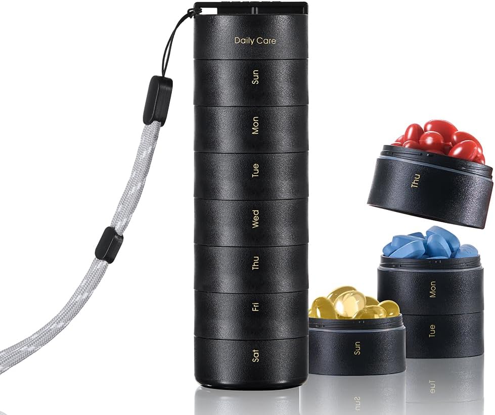 Organizzatore di vitamina di viaggio Ankomn – Organizzatore giornaliero impilabile con coperchio di twist sicuro, Airtight e leggero per on-the-Go. durevole BPA-Free materiale, grande per pillole, integratori e vitamine (nero)