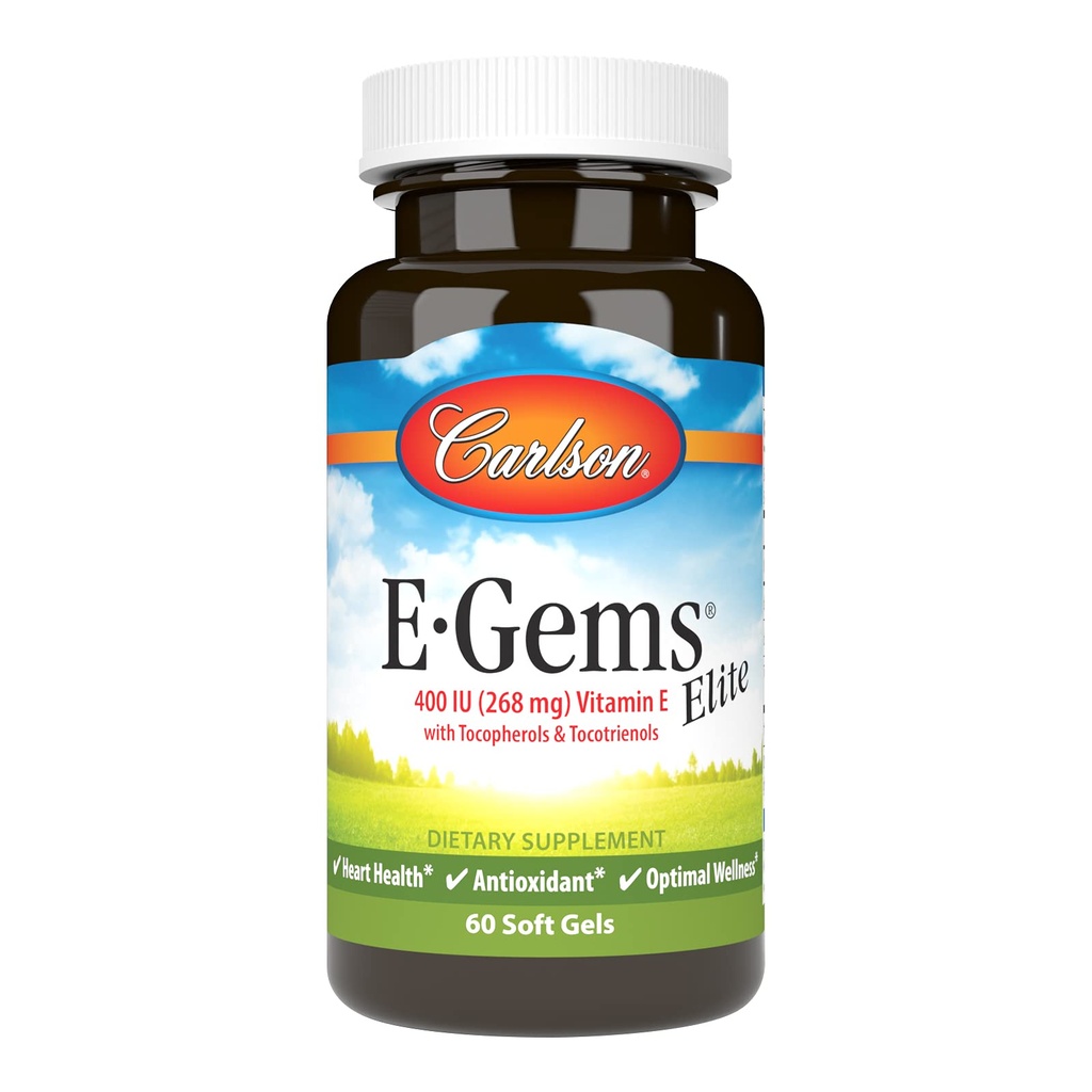 Carlson - E-Gems Elite, 400 UI de vitamine E avec des tocophérols et des tocotriénols, santé cardiaque et bien-être optimal, antioxydant, 60 gels mous