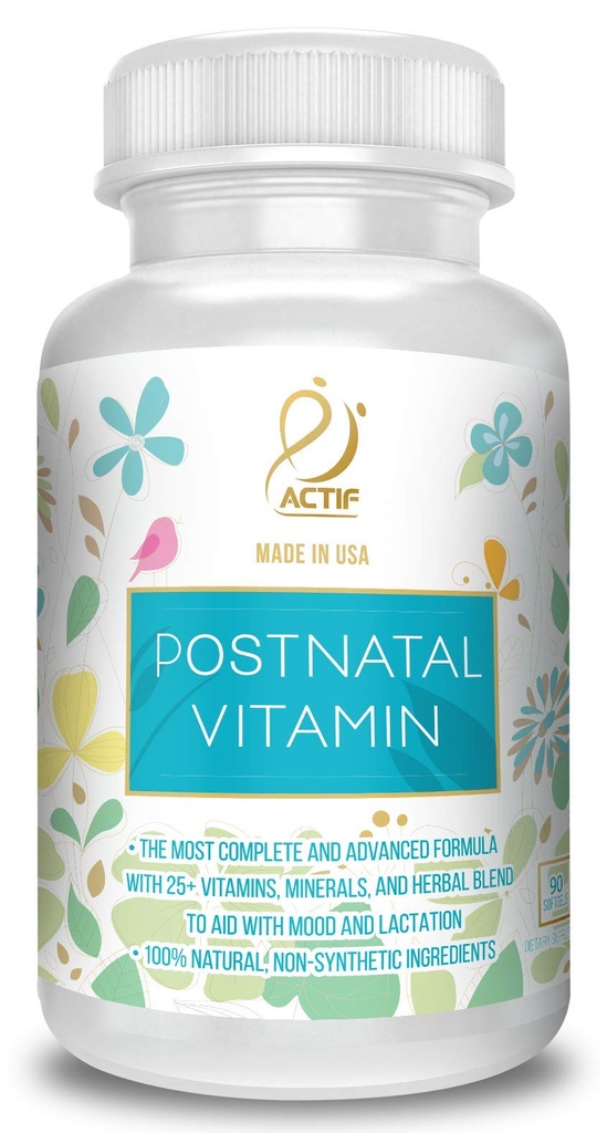 ACTIF postnatales Vitamin mit 25+ Bio-Vitaminen und Bio-Kräutern, Pflege- und Lactationsergänzungsmittel, unterstützt Baby's Brain Development, Non-GMO, Made in USA, 90 Count