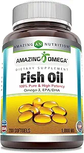 Sorprendente Omega Fish Oil 1000 mg Softgels Supplemento | Omega-3, 180 mg EPA. 120 mg DHA | Alta potenza (400 Count | 2 Pack)