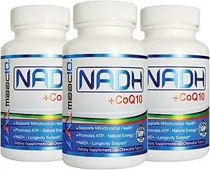 MAAC10 NADH + CoQ10 Chewable Tablets (3-Pack - 180 compresse) | 50mg PANMOL® NADH + 100mg CoQ10 Supporta Fatigue, Energy e NAD+, Non-GMO, Gluten Free, Vegetariano (3 mesi di fornitura)