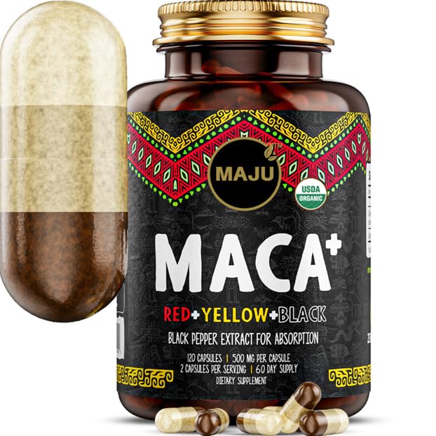 Maju Superfoods 4-in-1 Maca Root Capsule, Biologico Nero, Giallo e Rosso Roots w Estratto di pepe nero per l'assorbimento (120 ct) | Prodotto Perù, Polvere peruviana, Men & Women Supplement, 60.000 mg